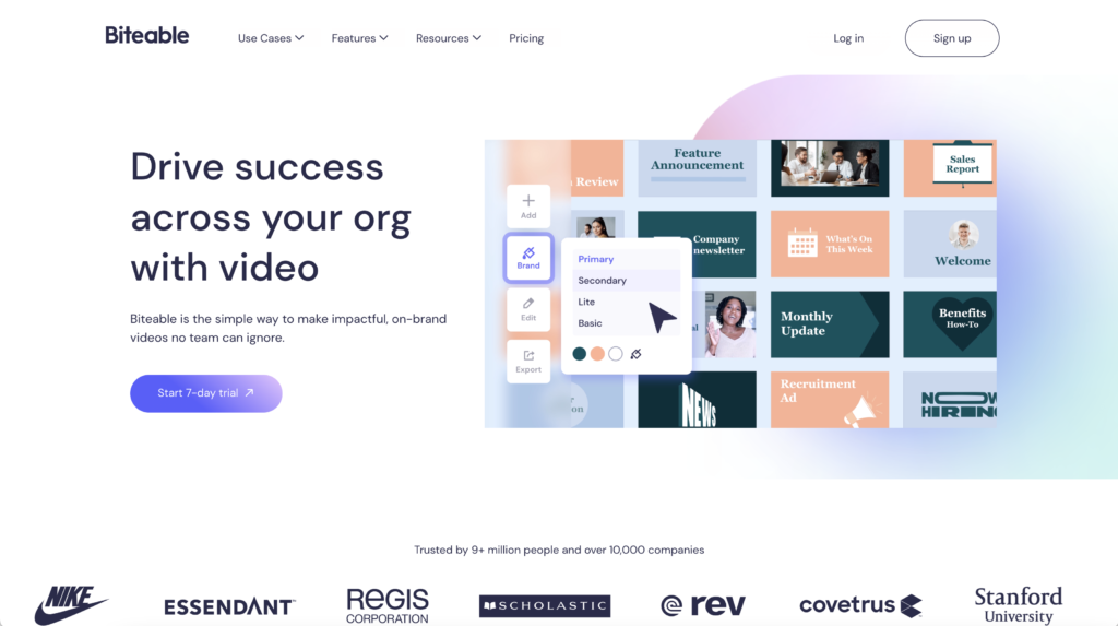 Screenshot of biteable website homepage featuring a digital content creation tool for making branded videos, with user interface elements and sample video templates displayed.