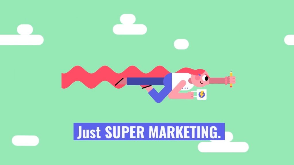 A cartoon superhero flying with a shopping cart and phone, symbolizing dynamic marketing strategies through a Biteable video maker.