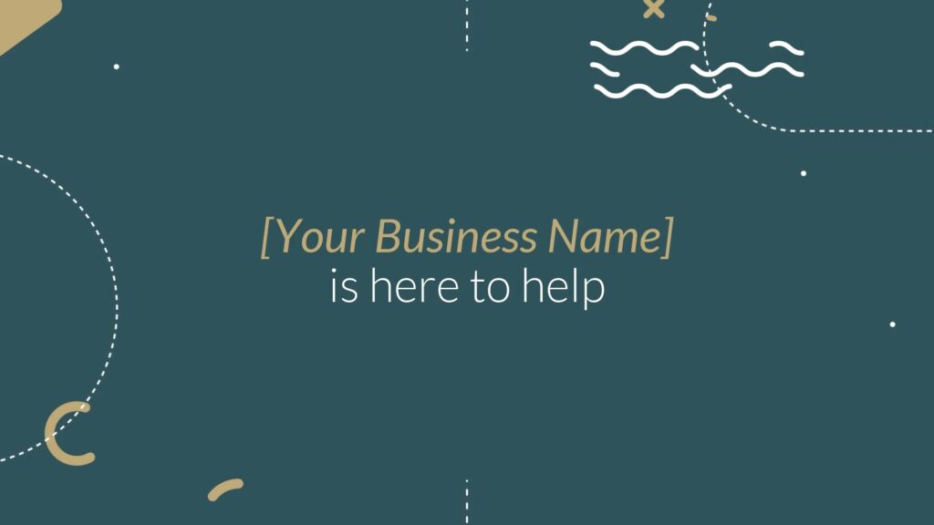 Abstract business advertisement graphic for Biteable video maker, featuring the text "[your business name] is here to help," set against a teal background with white line drawings, including waves and a bird.