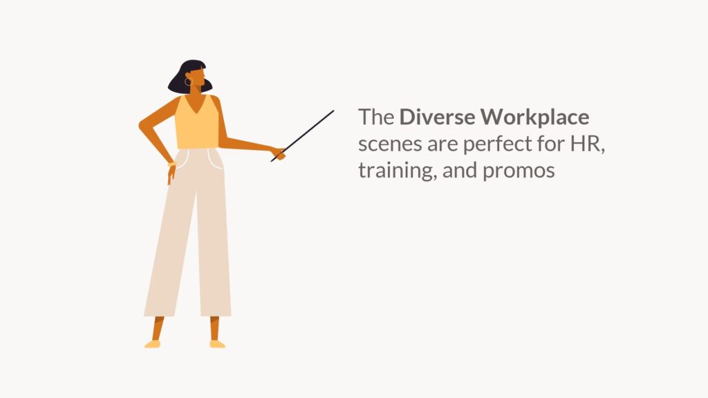A woman presenting "the diverse workplace" concept with scenes suitable for HR, training, and promotions using Biteable video maker.