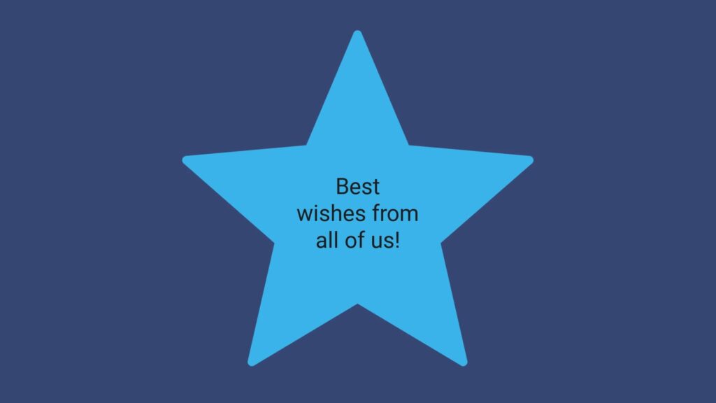 A blue star graphic on a navy background with text inside that reads "best wishes from all of us," created using Biteable video maker.