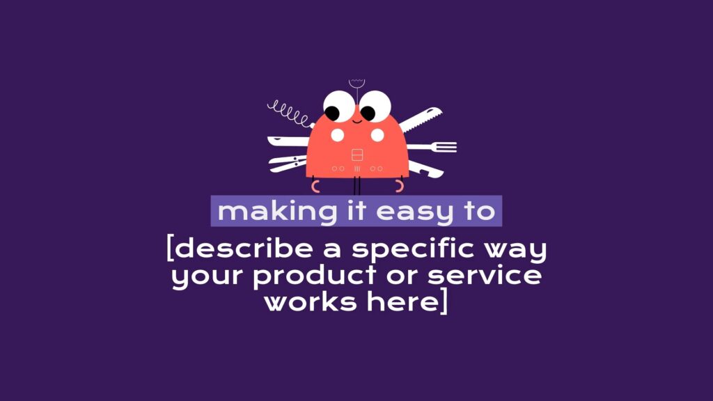 A Biteable video maker cartoon bug graphic on a purple background with a placeholder text prompt for product or service description.